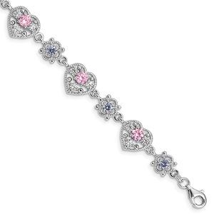 925 Sterling Silver Rhod-plated 7inch Pink and Clear CZ Heart Bracelet, 7 Length